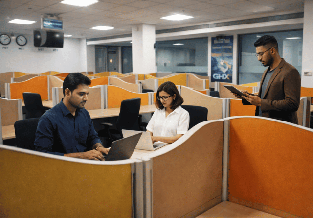 Professionals working in a cubicle workspace at Elite Co-Working Indore