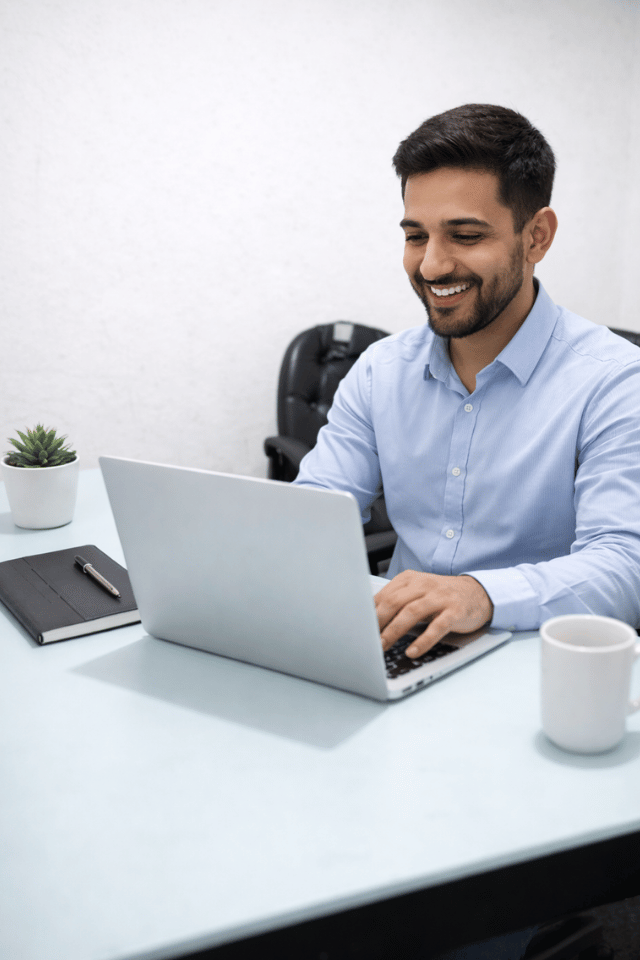 Professional working at a private desk at Elite Co-Working Indore